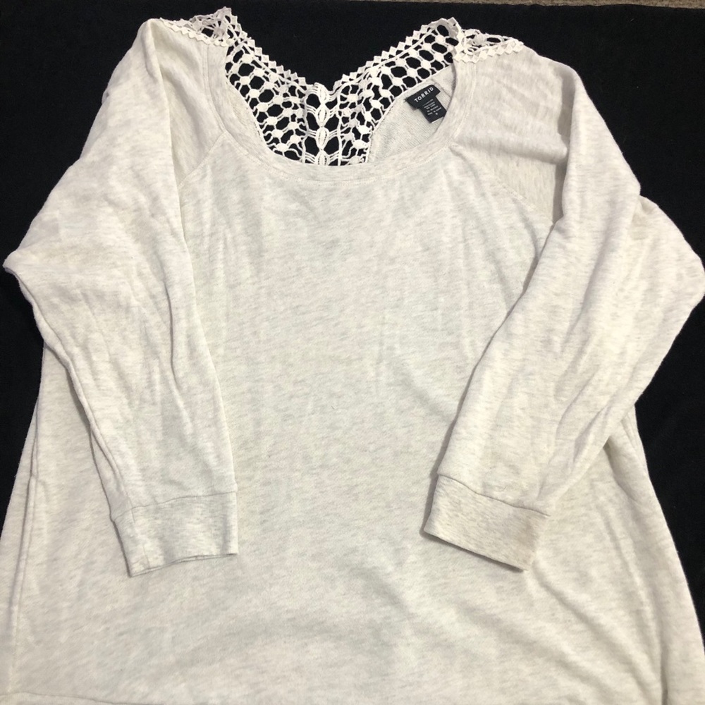 Torrid crochet back sweatshirt